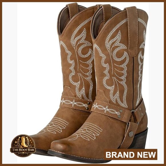 Shoes - Square Toe Cowgirl Boots Mid Calf Western Riding Boots with Removable Buckle